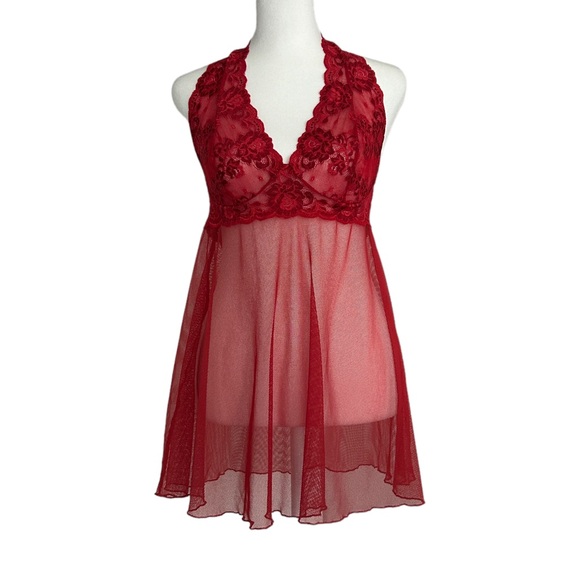 Victoria's Secret Vintage Red Sheer Lace Halter Babydoll Nightie Dress (S) - Picture 1 of 14